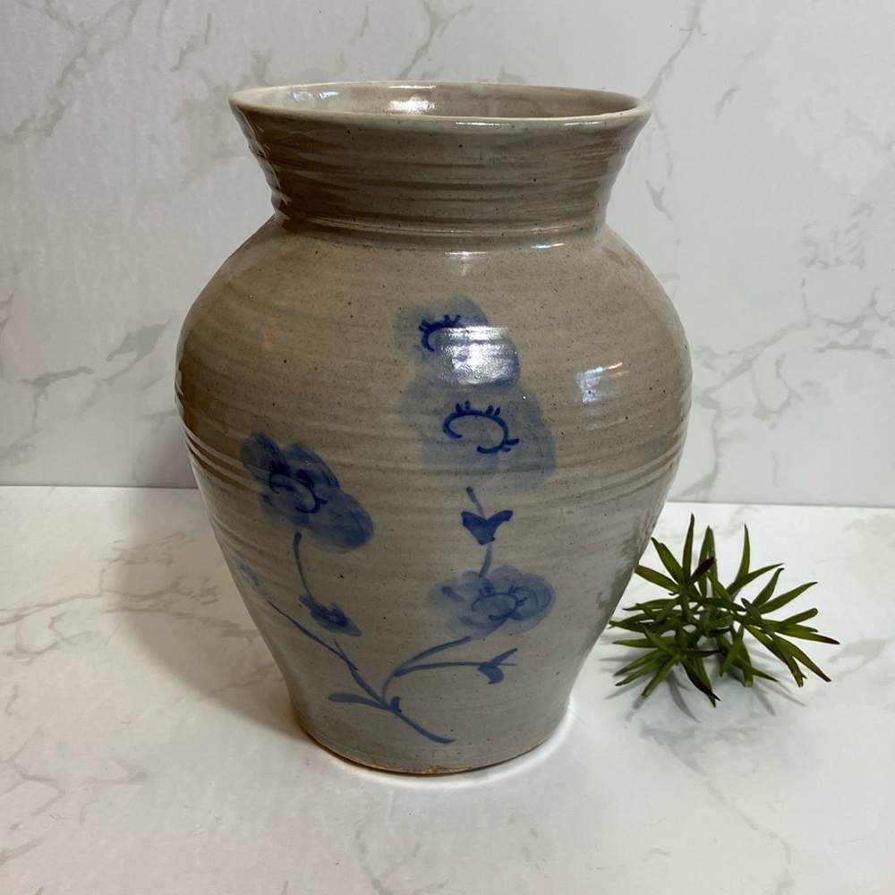 Vintage Studio Pottery Vase Blue Floral Stoneware Rustic Farmhouse 10” Stoneware - Picture 2 of 7
